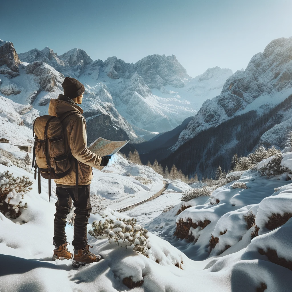 A-hiker-standing-on-a-snow-covered-mountain-trail-looking-at-a-map